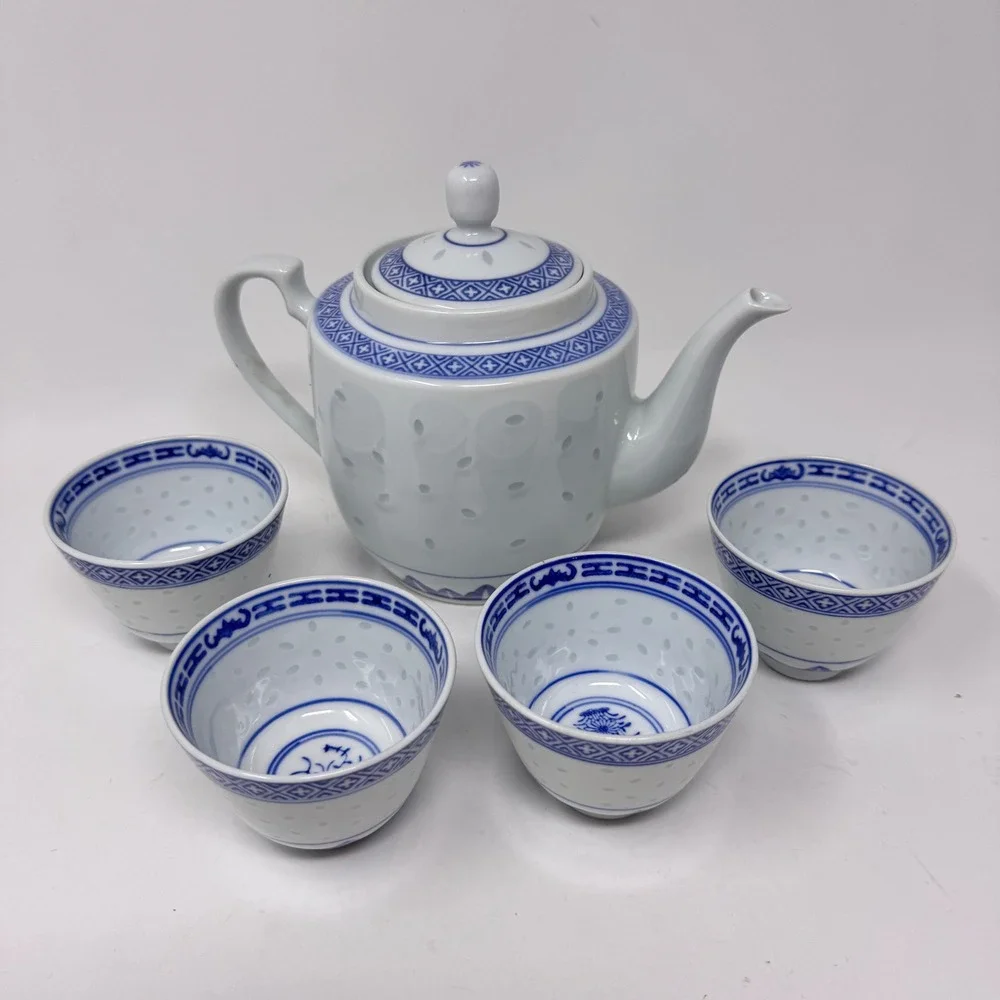 Vintage Chinese Rice Grain Blue & White Porcelain Tea Set Teapot + 4 Cups